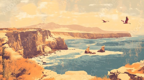Coastal Cliffscape With Two Birds In Flight Above Ocean