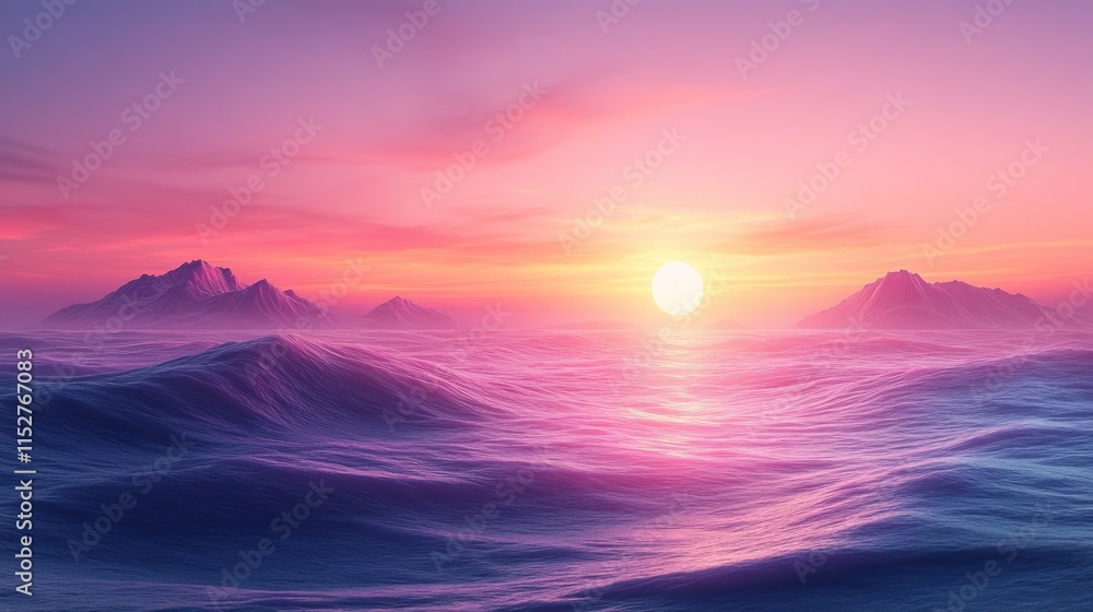 Vibrant sunset over calm ocean with distant mountains. Vibrant sunset over calm ocean with distant mountains.
