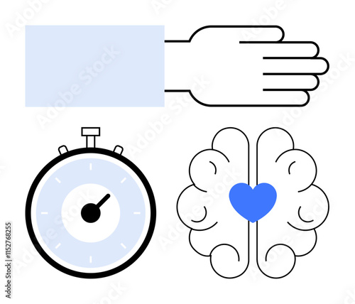 Hand stopwatch brain with heart. Ideal for themes mental health, mindfulness, time management, wellness, self-care, productivity, emotional balance. Line metaphor