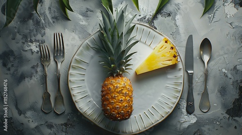 A perfectly sliced pineapple, arranged on a white ceramic plate