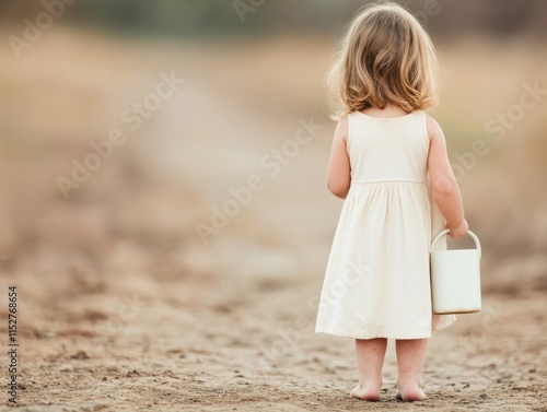 Cute little girl with wavy hair wearing a light dress walking barefoot on a dirt path holding a small white bucket in a calm outdoor setting during golden hour