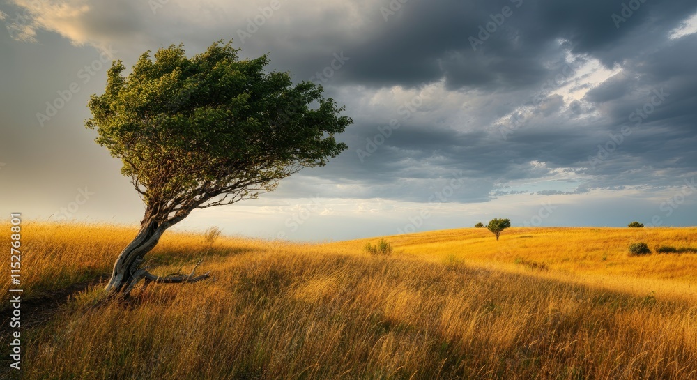 Fototapeta premium Lone tree bending in wind on golden grassy hill under cloudy sky