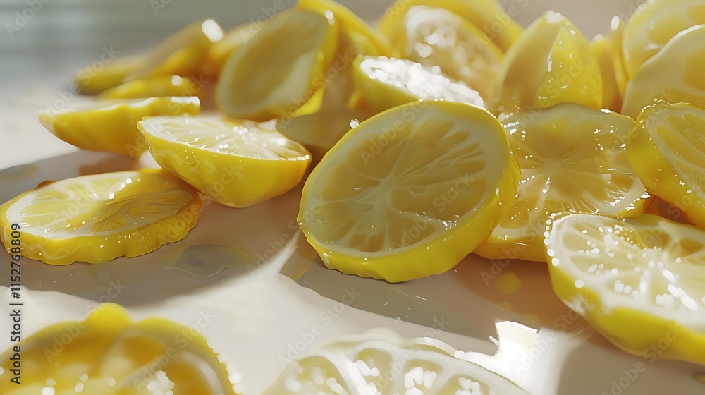 A pile of freshly cut lemons arranged on a white surface A pile of freshly cut lemons arranged on a white surface