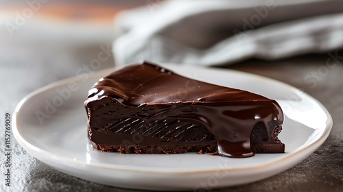 A piece of rich dark chocolate with a smooth texture on a white plate