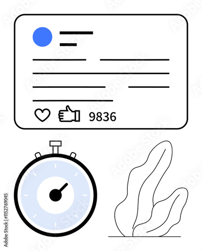 Social media post metrics showcasing thumbs ups and thumbs up, stopwatch indicating time management, and abstract plant symbolizing organic growth. Ideal for social media analytics, time management