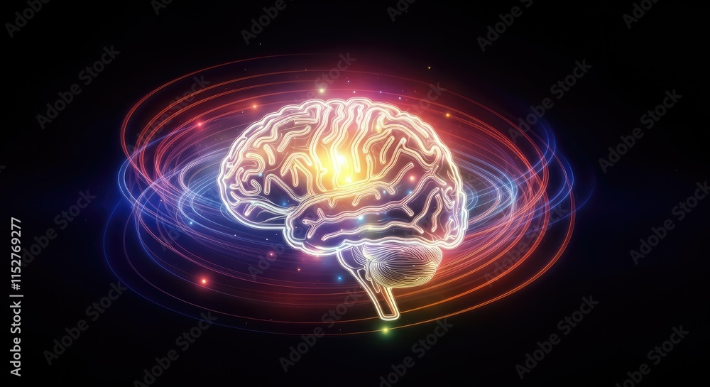 Colorful, glowing brain illustration with radiating light and energy waves against dark background Colorful, glowing brain illustration with radiating light and energy waves against dark background