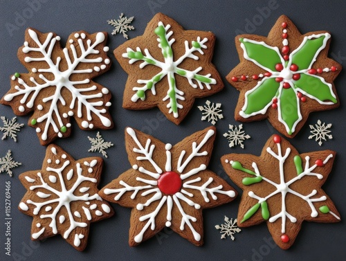 Festive Gingerbread Cookies Shaped Like Snowflakes with White and Green Icing on a Dark Background for Holiday Decorations or Winter Celebrations photo