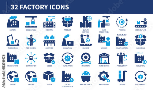 Vector icon collection of factory designs, including machinery, automation, production, and industry elements in a clean style