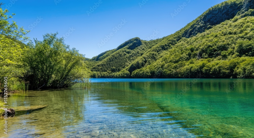 Serene lake with clear water, surrounded by lush, green mountains under bright blue sky Serene lake with clear water, surrounded by lush, green mountains under bright blue sky