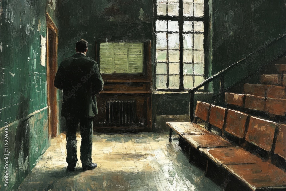 Man in Suit Contemplating in Old Building Man in Suit Contemplating in Old Building