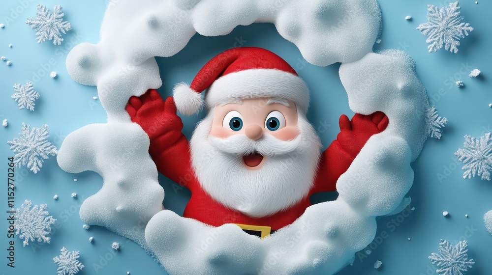 Santa Claus in a Snowy Circle: A cheerful cartoon Santa Claus peeks out from a snowy circle on a blue background, radiating festive cheer and holiday magic. Santa Claus in a Snowy Circle: A cheerful cartoon Santa Claus peeks out from a snowy circle on a blue background, radiating festive cheer and holiday magic.