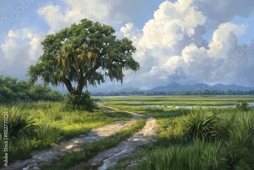 Serene Marsh Landscape with Ancient Oak Tree