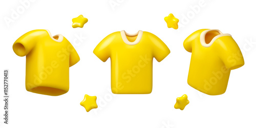 Yellow t-shirt cartoon vector 3d icon set. Sport or youth fashion. Simple t shirt in different positions isolated on white background. Clothing store concept, sports uniform