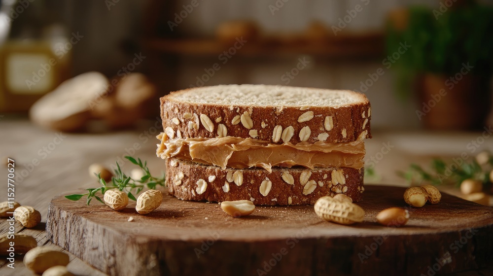 Tasty peanut butter sandwich styled on a wooden surface, surrounded by peanuts, soft natural light, and clean copy space for design needs Tasty peanut butter sandwich styled on a wooden surface, surrounded by peanuts, soft natural light, and clean copy space for design needs