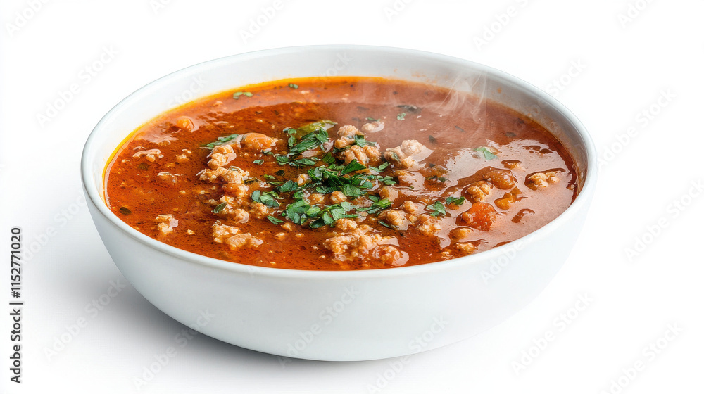Steaming bowl of hearty soup with herbs on top isolated design on white background Steaming bowl of hearty soup with herbs on top isolated design on white background