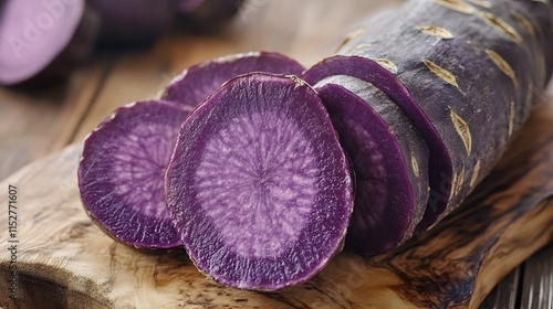 Close up sliced Purple yam on wooden board