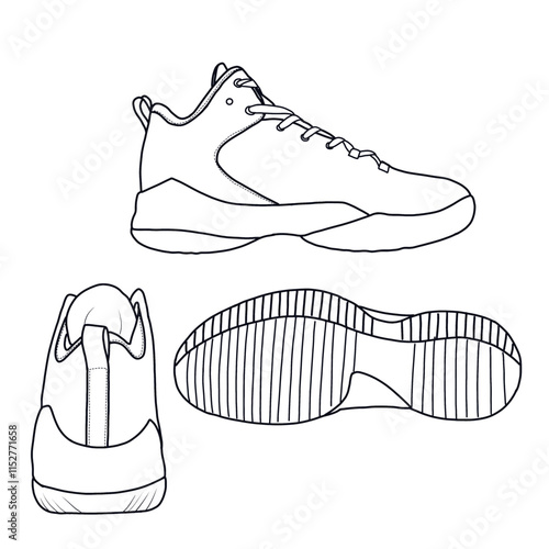 Template vector basketball shoes non-slip, suitable for your custom basketball shoes, side, back, and bottom view. Outline vector doodle illustration. Isolated with a white background.