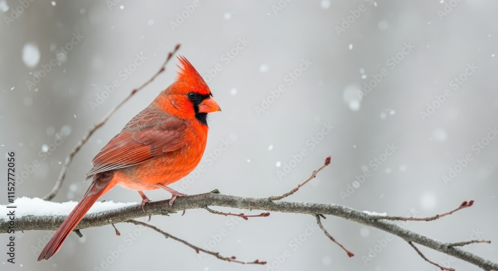 Vibrant red bird with crest perched on snowy branch Vibrant red bird with crest perched on snowy branch