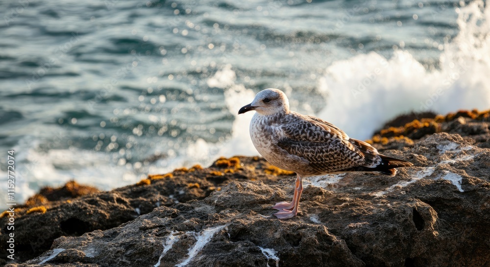 Seagull standing on rocky shore with waves in background Seagull standing on rocky shore with waves in background