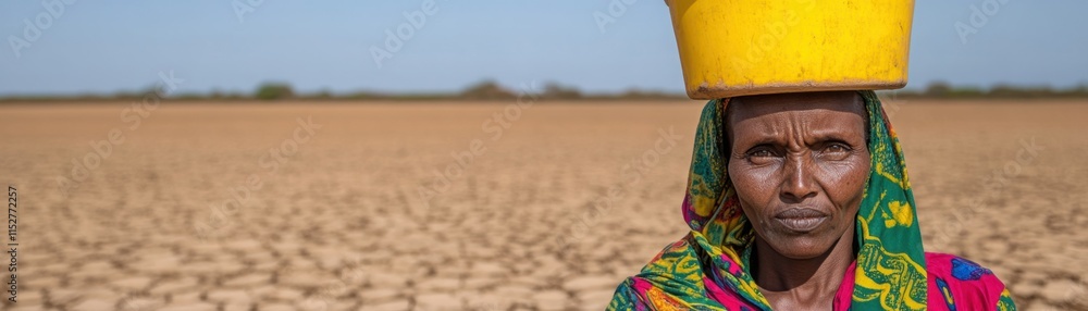 Fototapeta premium Woman Carrying Water on Head in Drought-Stricken Landscape, Highlighting Challenges of Climate Change and Water Scarcity in Rural Areas