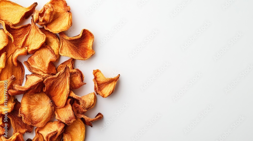 Top view of crispy dried banana chips on a white background with full depth of field, offering ample copy space for text or branding Top view of crispy dried banana chips on a white background with full depth of field, offering ample copy space for text or branding