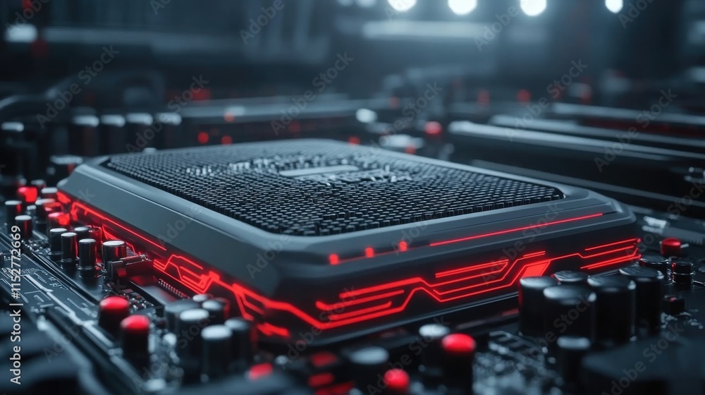High-Tech Computer Processor with Red Accents and Circuit Board Details for Technology Concepts High-Tech Computer Processor with Red Accents and Circuit Board Details for Technology Concepts