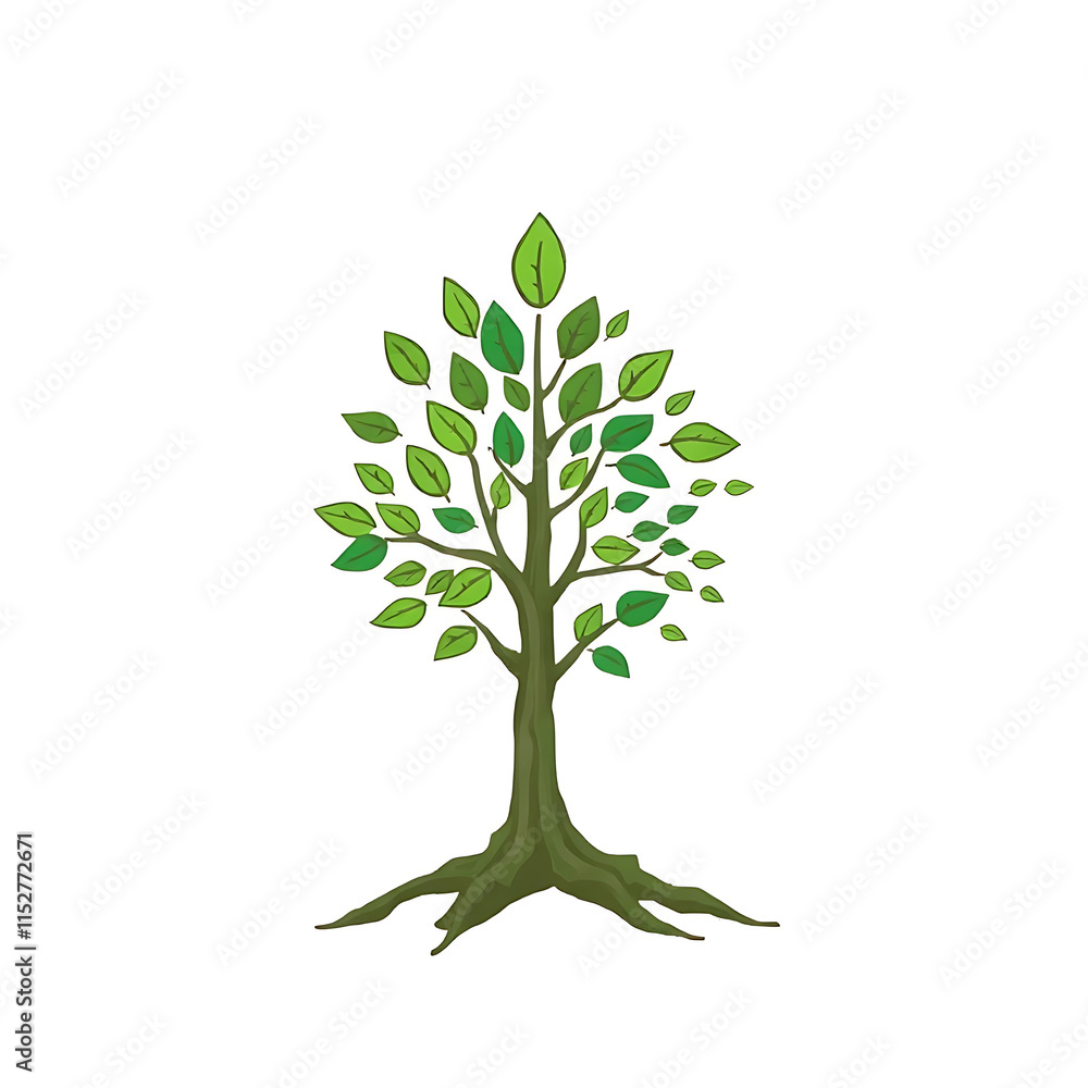Obraz premium “Illustration Highlighting Deforestation” – A simple design showing a tree half full of leaves and half cut down, symbolizing deforestation and its impact, on a white background. 