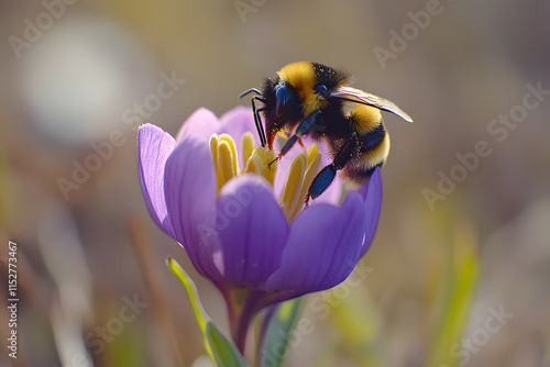 A bumblebee gently pollinating a bright spring flower, dusted with golden pollen for a beautiful spring scene photo