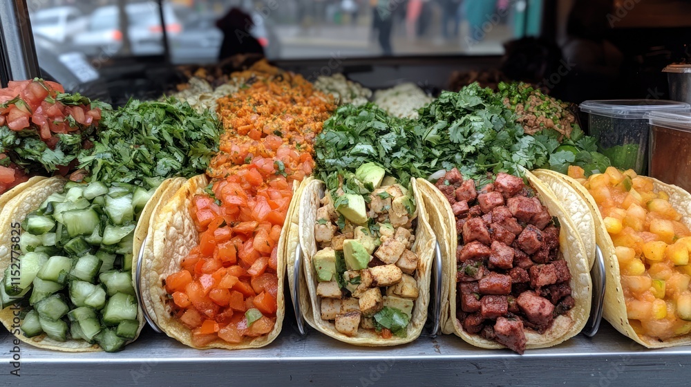Obraz premium A vibrant display of tacos with various fresh toppings in a food stall.