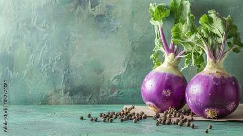 Two kohlrabis, along with peppercorns and allspice, displayed on a paper surface against a soft mint green backdrop, leaving space for copy or design photo