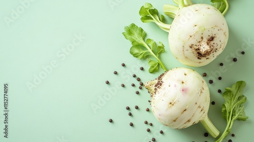 Two kohlrabis with peppercorns and allspice scattered on paper, against a light mint green backdrop, providing plenty of room for branding or text photo