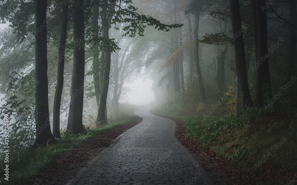 Obraz premium Fog in nature, Misty forest path winding through trees.