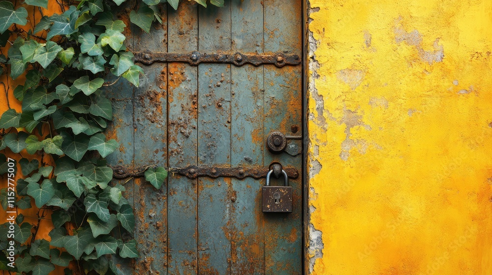 Weathered iron door with rust, a padlock, and creeping green vines against a bright yellow wall, offering plenty of room for text or graphics Weathered iron door with rust, a padlock, and creeping green vines against a bright yellow wall, offering plenty of room for text or graphics