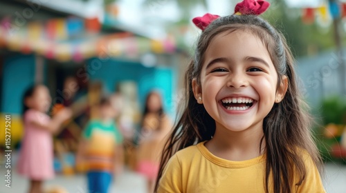 Happy young girl smiling brightly in a colorful outdoor setting with other children in background activity