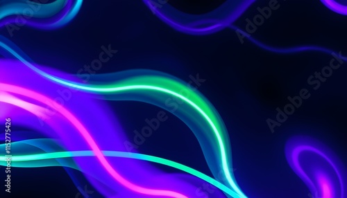 Vibrant neon waves, flowing energy lines, cosmic abstract, electric blue and purple, glowing pink and teal streaks, dark background, luminous curves, digital art, futuristic, ethereal, dynamic motion