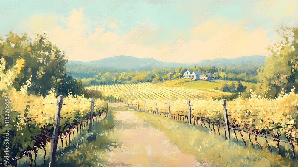 Naklejka premium Vineyard Landscape with House and Rolling Hills