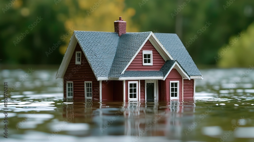 Red model house partially submerged in floodwater, representing flood damage and insurance. Red model house partially submerged in floodwater, representing flood damage and insurance.