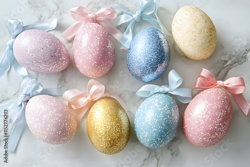 Colorful Easter eggs with glitter and ribbon decorations arranged on a smooth marble surface for a festive spring display photo