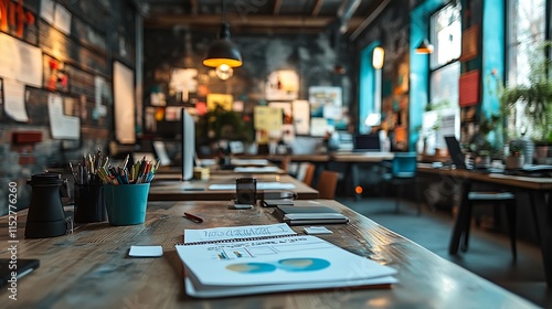 Wallpaper Mural A trendy coworking loft with modern group desks filled with brainstorming notes, financial data sheets, and colorful analytics, soft lighting from hanging pendant lamps, Torontodigital.ca