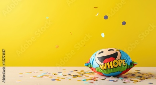 Colorful prank toy on table with scattered confetti