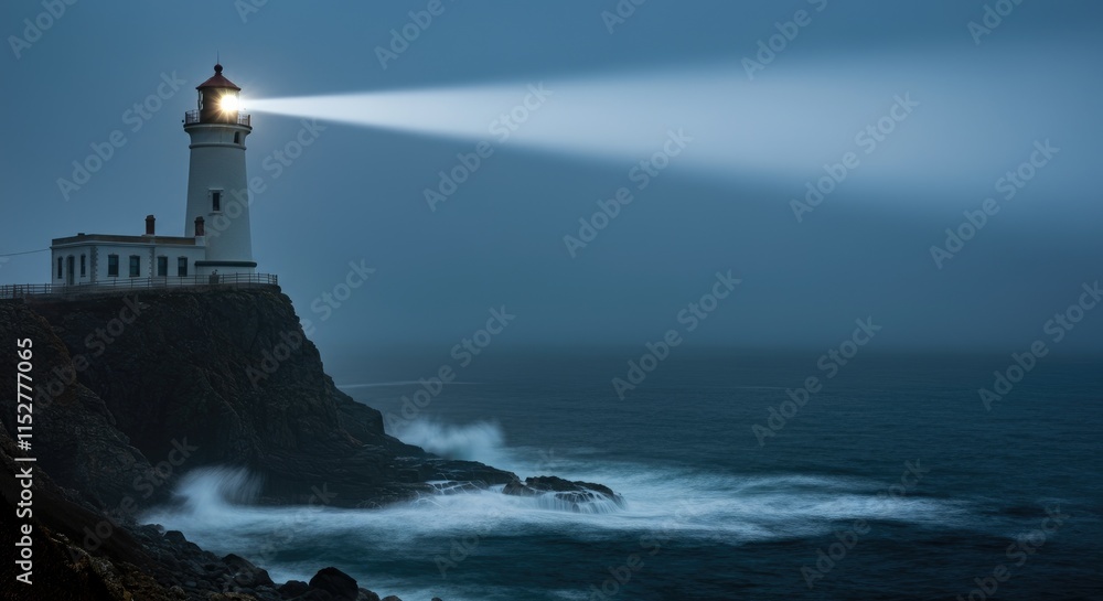 Lighthouse on rocky cliff shines beam over stormy seas at night Lighthouse on rocky cliff shines beam over stormy seas at night