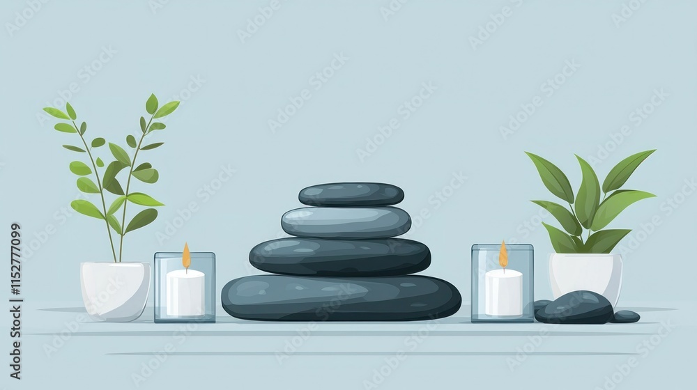 Obraz premium Serene Hot Stone Therapy Session for Tension Relief and Relaxation in 2D Flat Style Illustration