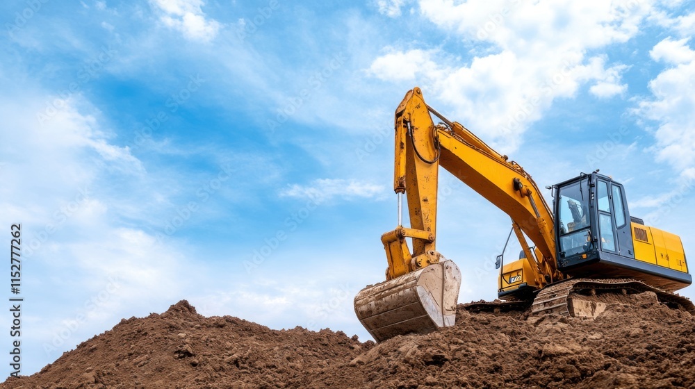 Yellow Excavator Working on a Construction Site Against Bright Blue Sky and White Clouds Yellow Excavator Working on a Construction Site Against Bright Blue Sky and White Clouds