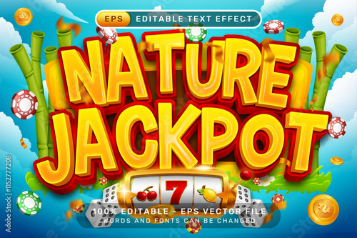 nature jackpot 3d text effect and editable text effect with blue sky, and a border of bamboo plants