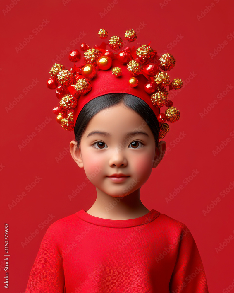 A young girl in a vibrant red outfit adorned with festive decorations. A young girl in a vibrant red outfit adorned with festive decorations.