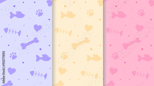 Set of paw seamless patterns. Repeating design element for printing on wrapping paper. Violet, yellow and pink posters. Domestic animals and mammals footprints. Flat vector collection