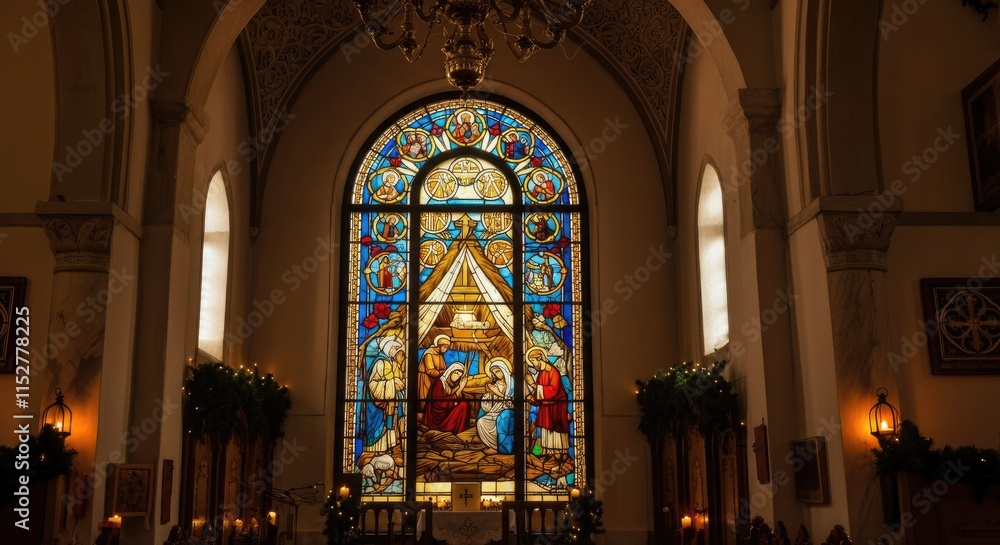 Fototapeta premium Ornately decorated church interior with large, colorful stained glass window