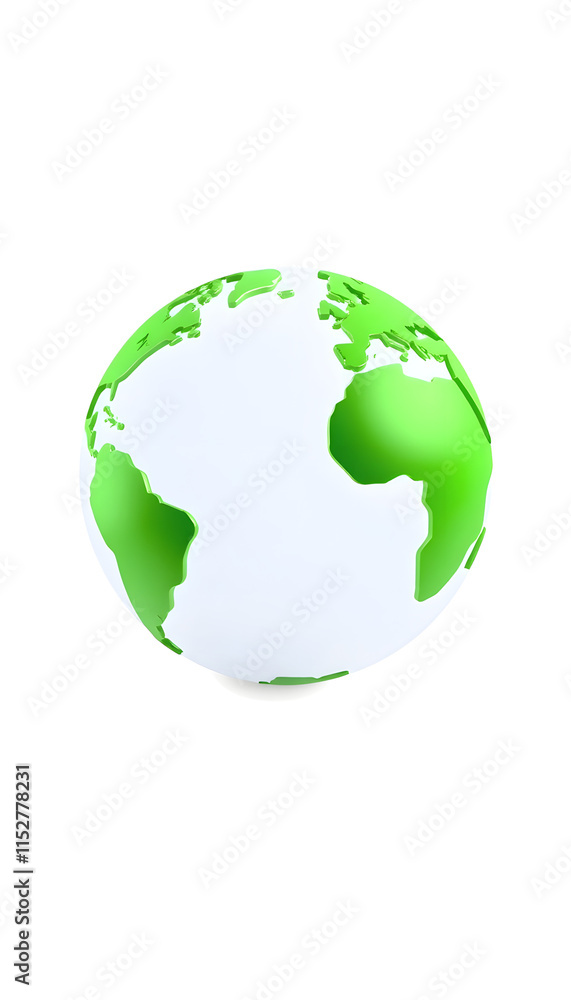 White 3D Globe Icon with Green Continents and Atlantic Ocean in the Center - Planet Earth - World Symbol, 8k White 3D Globe Icon with Green Continents and Atlantic Ocean in the Center - Planet Earth - World Symbol, 8k