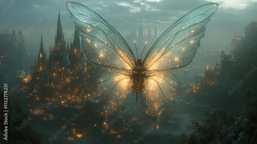 Obraz premium A luminous butterfly hovers over a glowing, mystical cityscape at twilight.