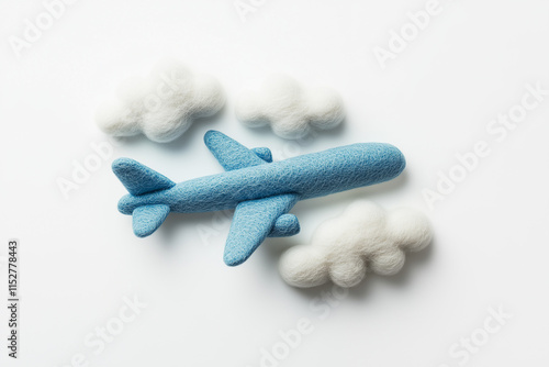 Airplane with cloud, 3d fluffy icon, Felted, felt material, white background photo